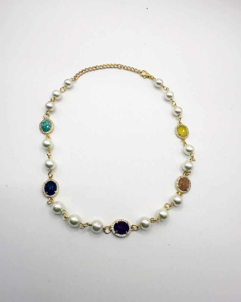 Elegant gold-plated pearl necklace with multicolor gemstones for luxury streetwear style | Sodr3am Jewelry