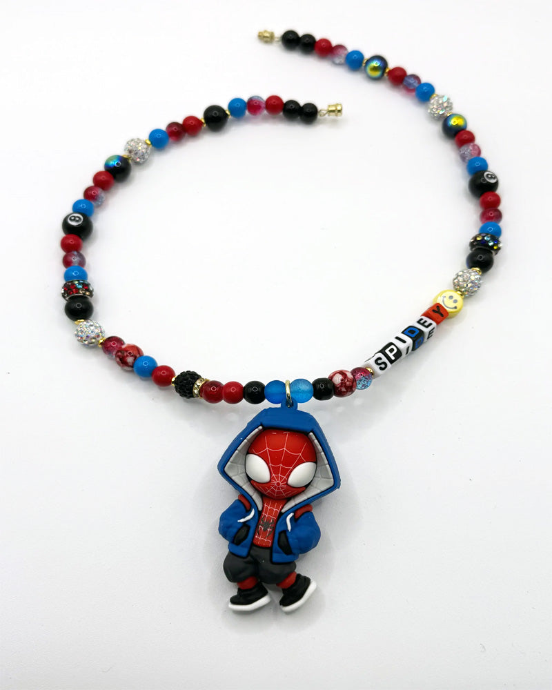 Colorful beaded necklace with Spider-Man figure pendant